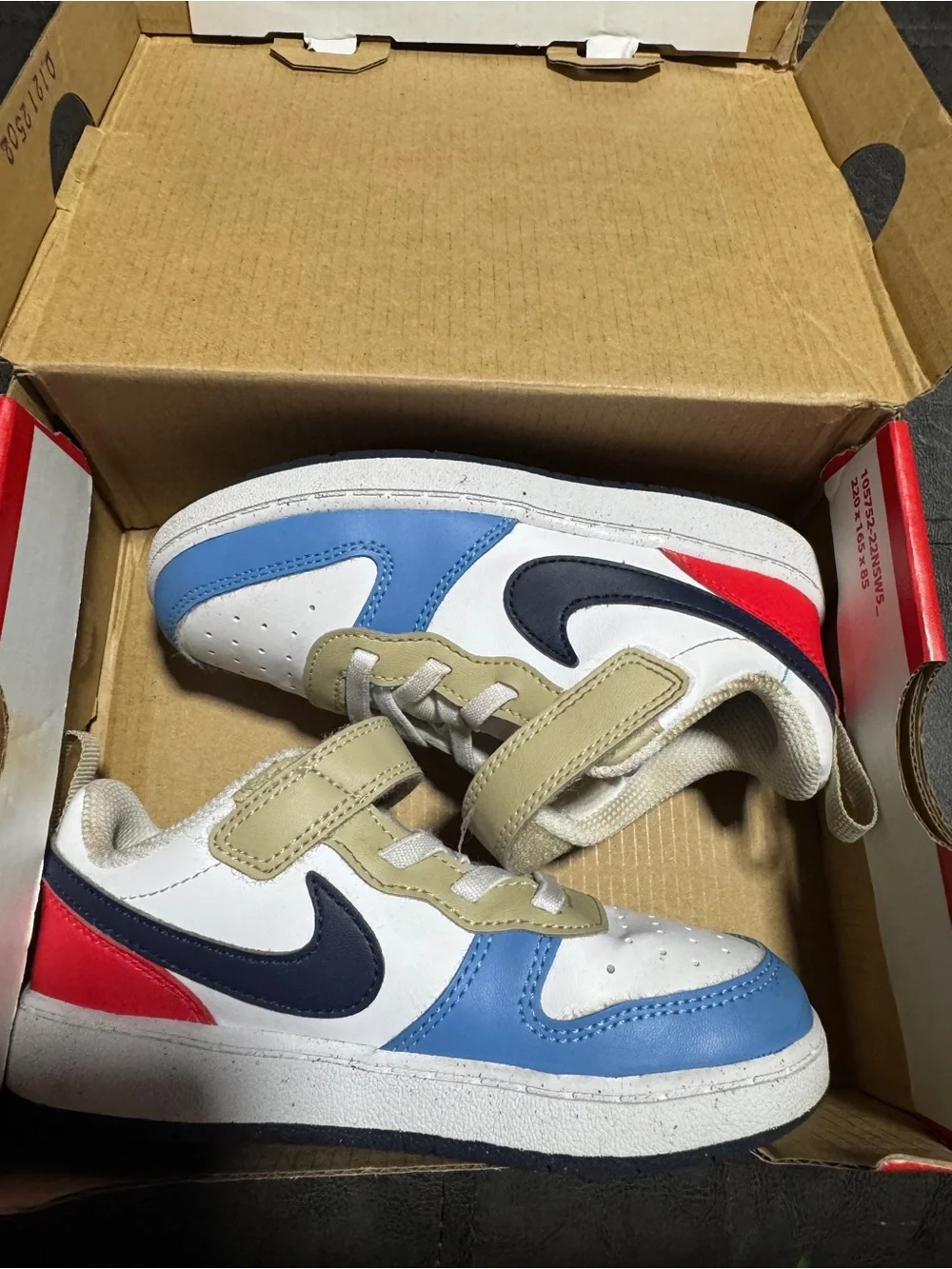 Nike Kids White, Blue & Tan Velcro Low-Top Sneakers